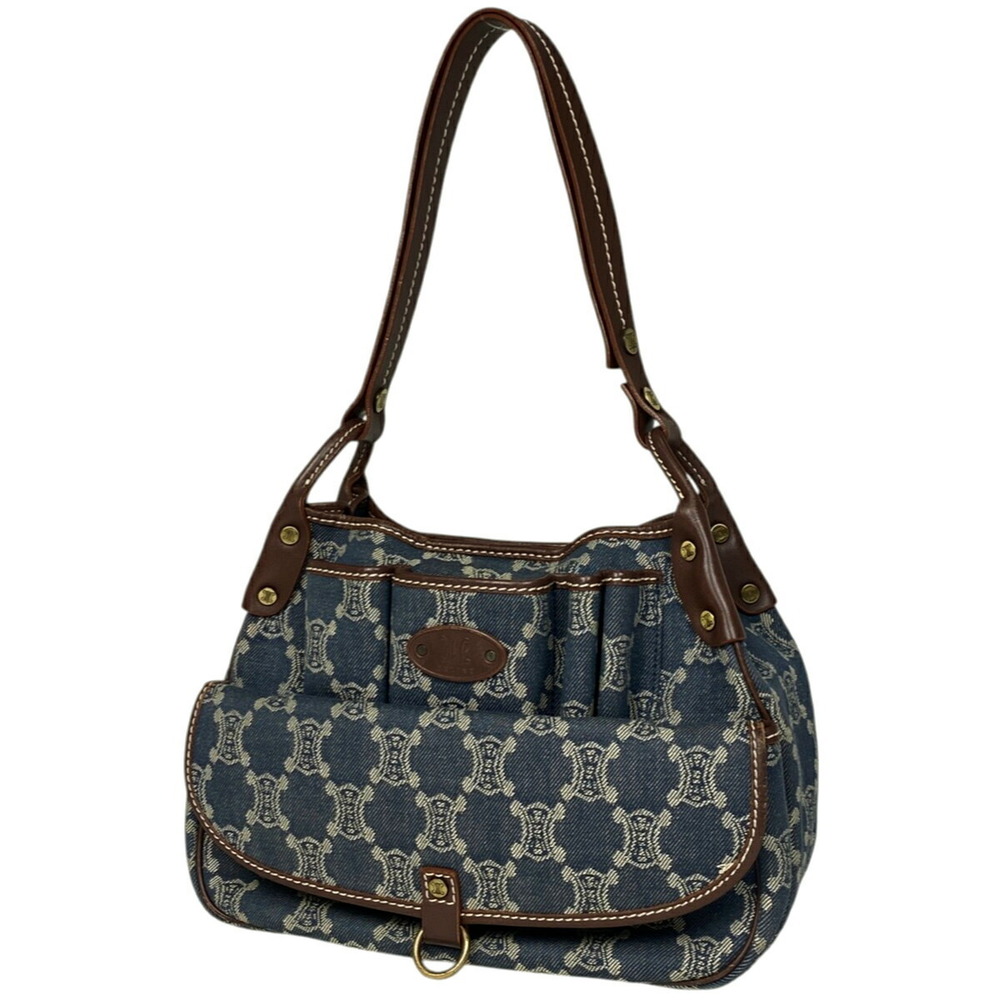Celine Paris Macadam Shoulder Bag Hobo Handbag Denim Blue Brown - Picture 1 of 6
